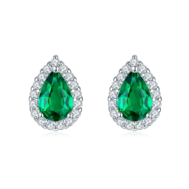 1.0 Carat Pear-Shaped Lab-Created Gemstone Halo Stud Earrings in S925 Silver with Platinum Plating