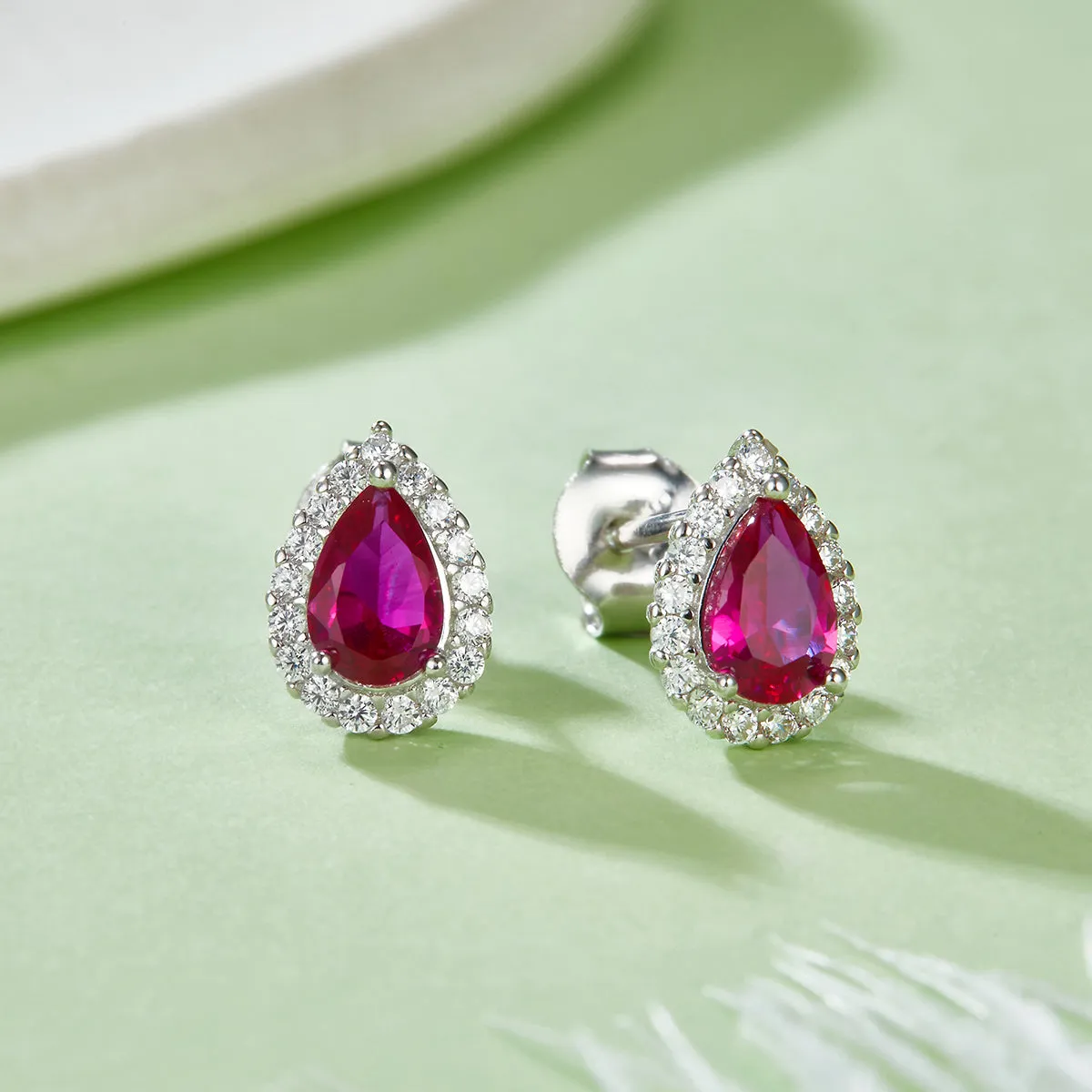 1.0 Carat Pear-Shaped Lab-Created Gemstone Halo Stud Earrings in S925 Silver with Platinum Plating