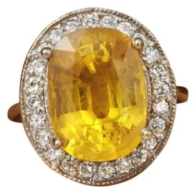 10.85 Carats Exquisite Natural Unheated Yellow Sapphire and Diamond 14K Solid White Gold Ring