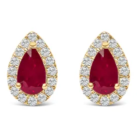 10K Yellow Gold 5X3 MM Pear-Cut Ruby and 1/7 Cttw Diamond Halo Stud Earrings