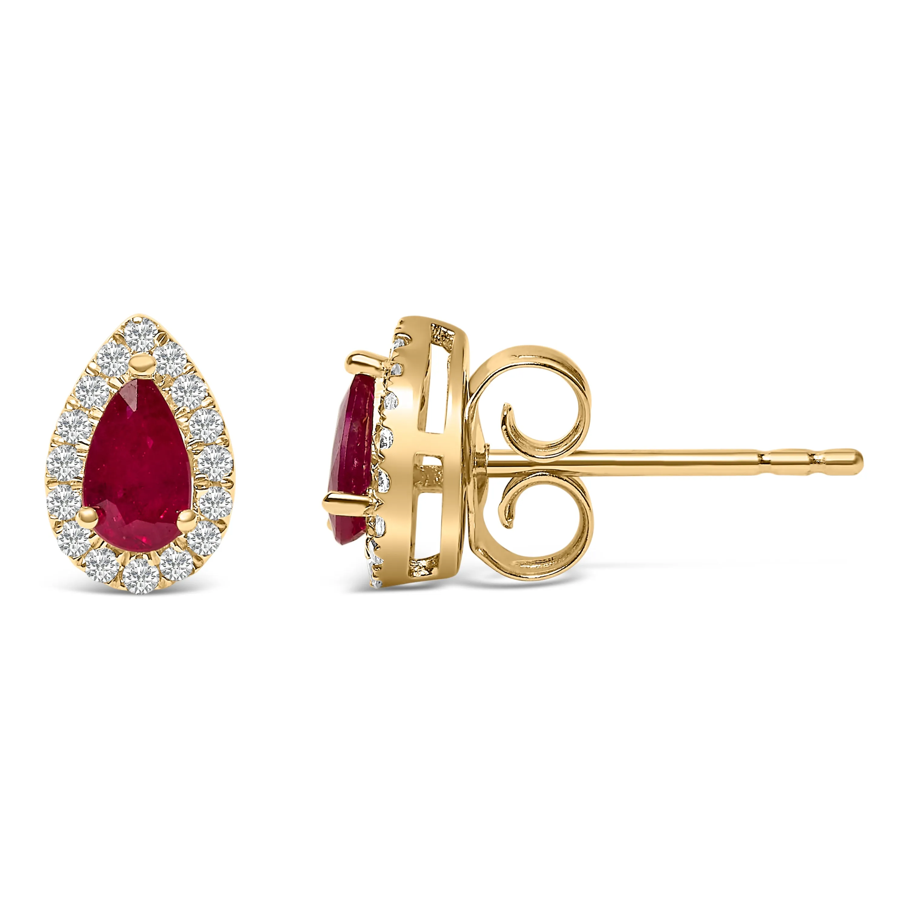 10K Yellow Gold 5X3 MM Pear-Cut Ruby and 1/7 Cttw Diamond Halo Stud Earrings