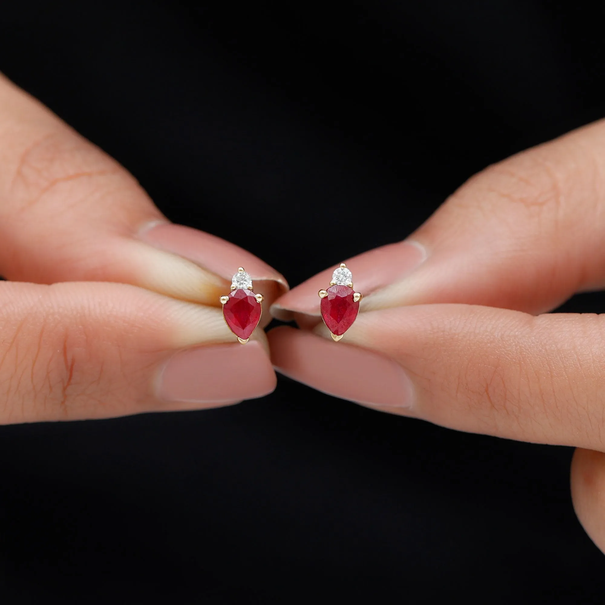 1.25 CT Pear Cut Ruby and Diamond Dainty Stud Earrings