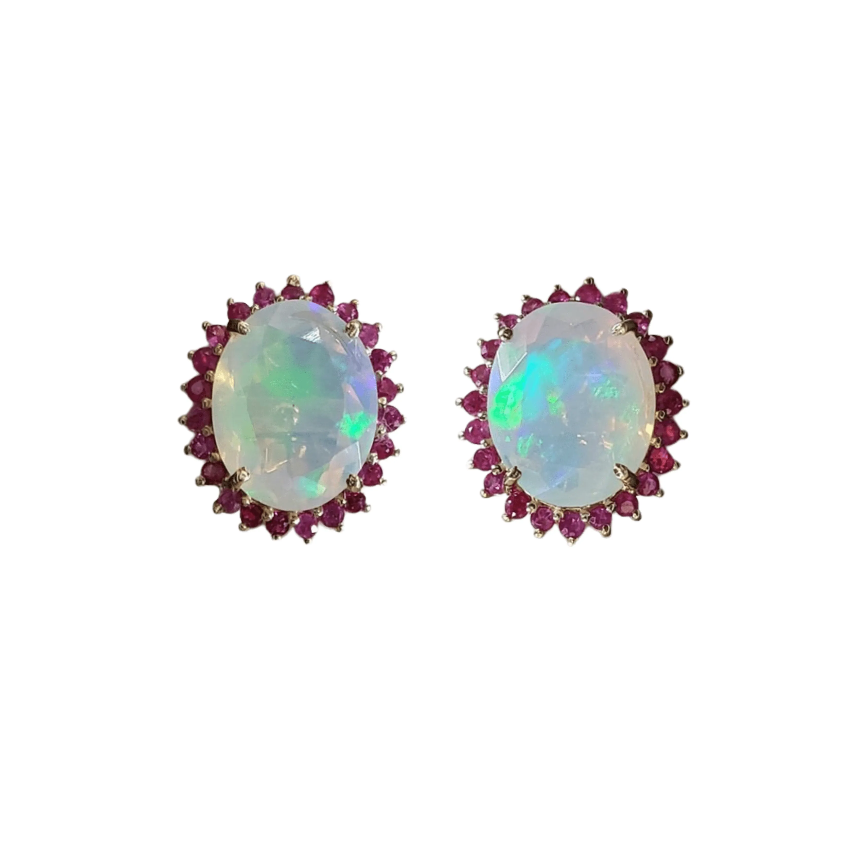 14k Gold Ethiopian Fire Opal Stud Earrings With Ruby Stones