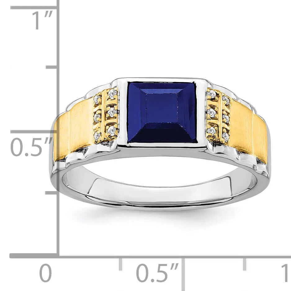 14k Two-tone Created Sapphire & Diamond Mens Ring