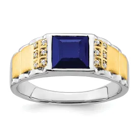 14k Two-tone Created Sapphire & Diamond Mens Ring