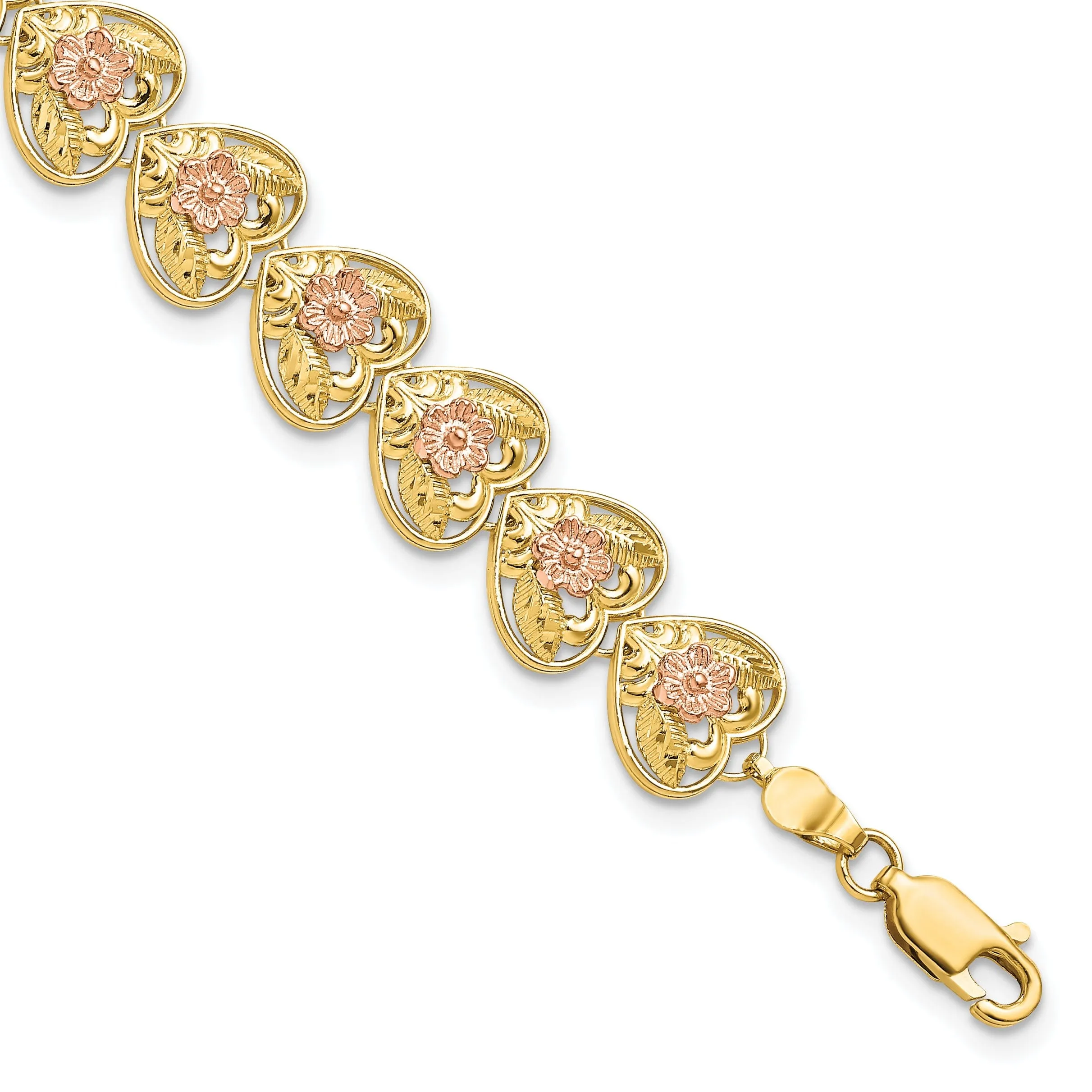 14K two-tone gold Heart with Flowers Bracelet-7.25inch