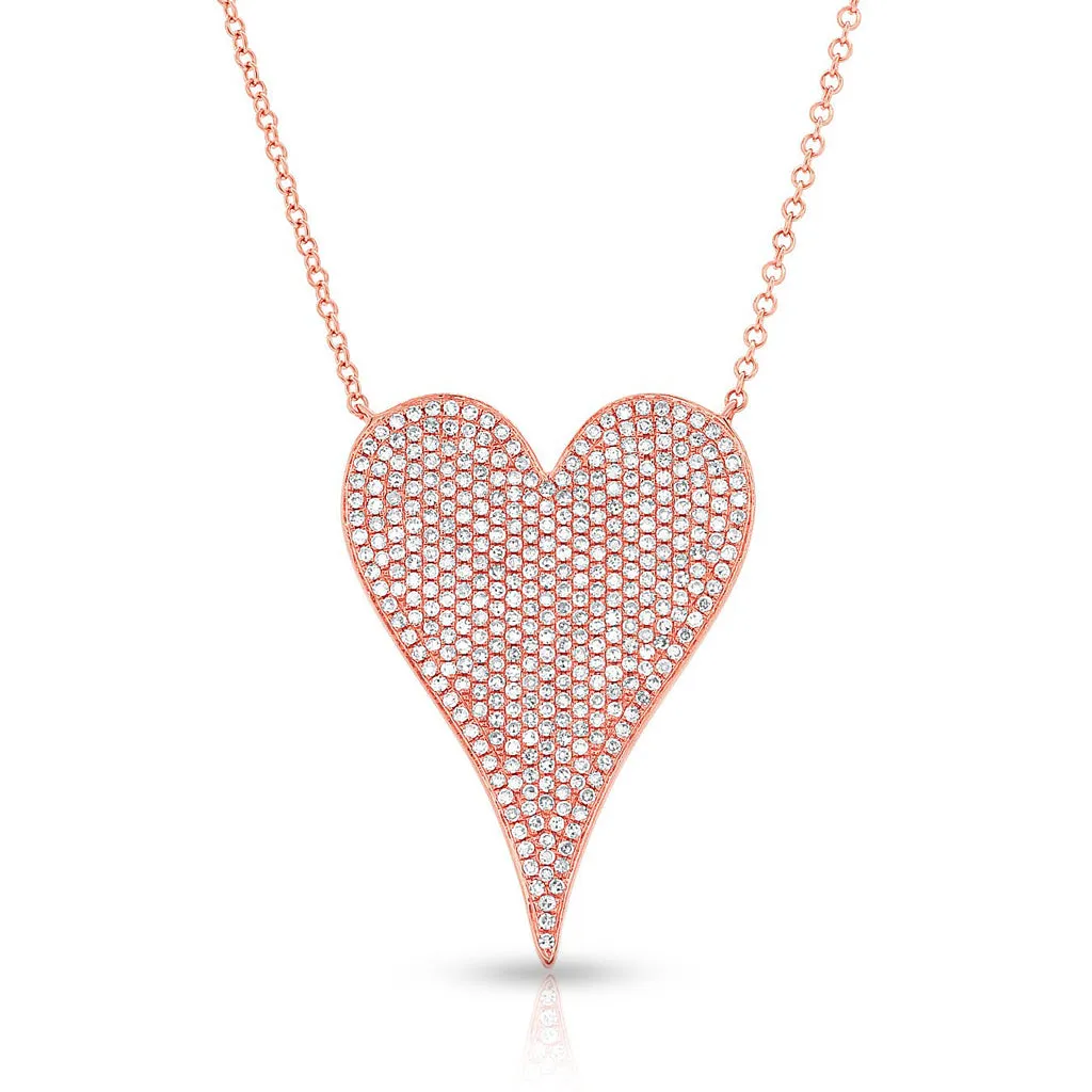 14KT Rose Gold Diamond Large Modern Pave Heart Necklace