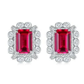 1.6 Carat Rectangular Lab Created Ruby Halo Stud Earrings in S925 Silver Plated Platinum