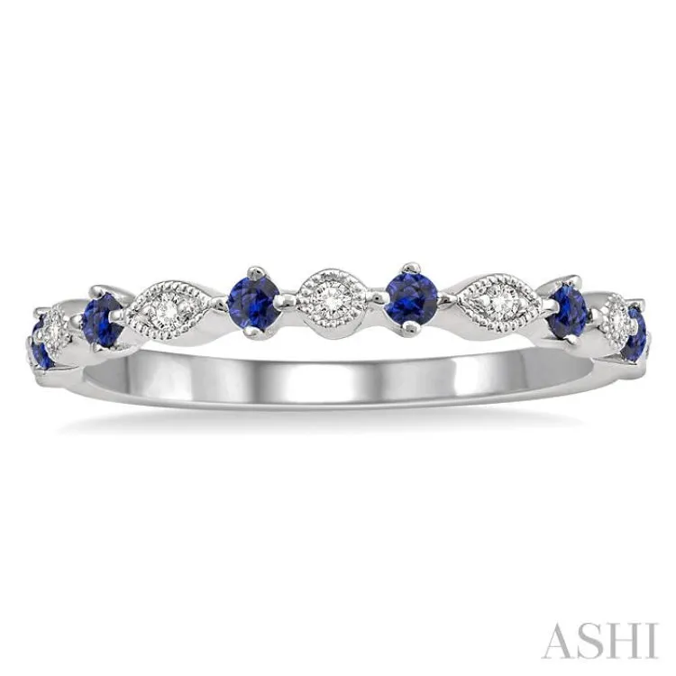 1.80 MM Round Cut Sapphire and 1/20 Ctw Round Cut Diamond Half Eternity Wedding Band in 14K White Gold