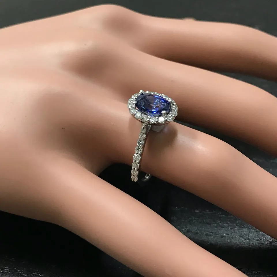 2.90 Carats Exquisite Natural Blue Sapphire and Diamond 14K Solid White Gold Ring