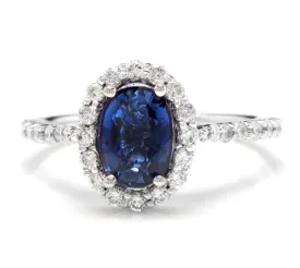 2.90 Carats Exquisite Natural Blue Sapphire and Diamond 14K Solid White Gold Ring