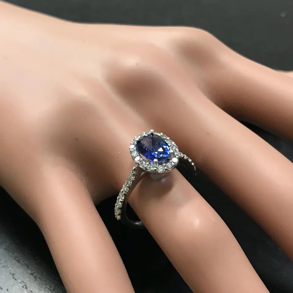 2.90 Carats Exquisite Natural Blue Sapphire and Diamond 14K Solid White Gold Ring