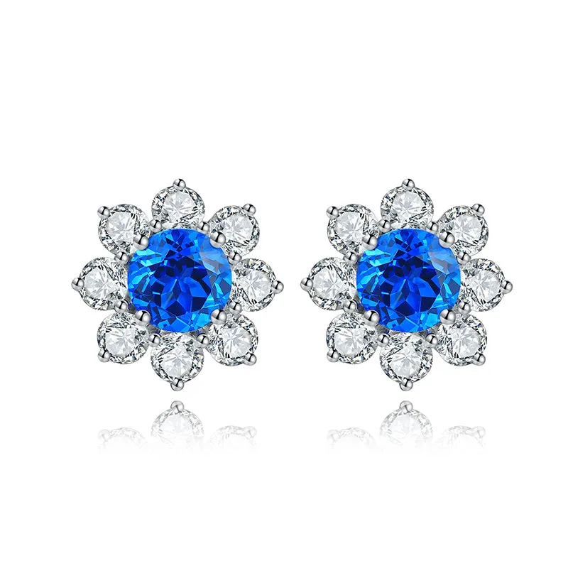 2.95 Carat Round Lab Created Colored Gemstone Sunflower Stud Earrings in S925 Silver-Plated Platinum