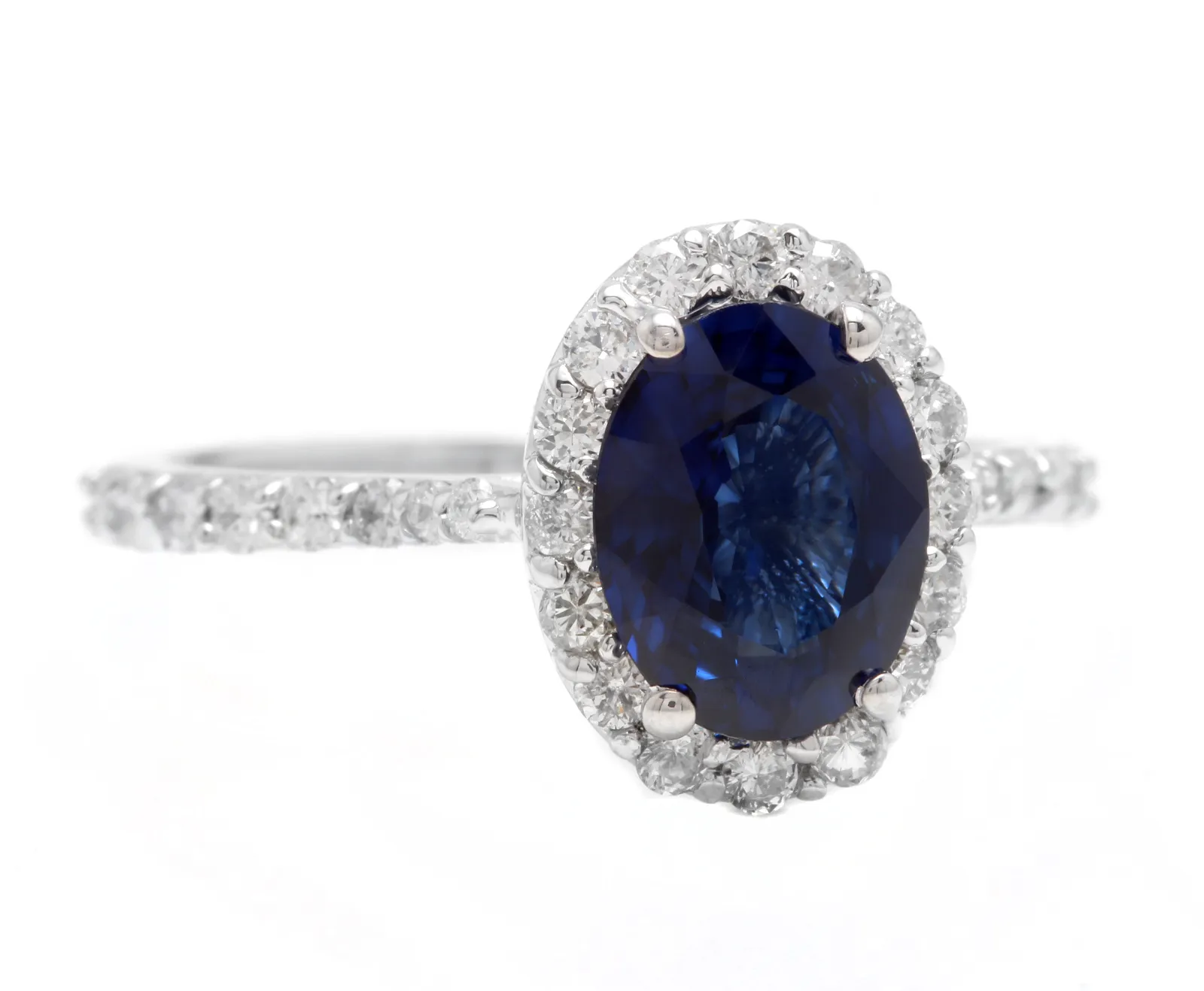 3.10 Carats Exquisite Natural Blue Sapphire and Diamond 14K Solid White Gold Ring