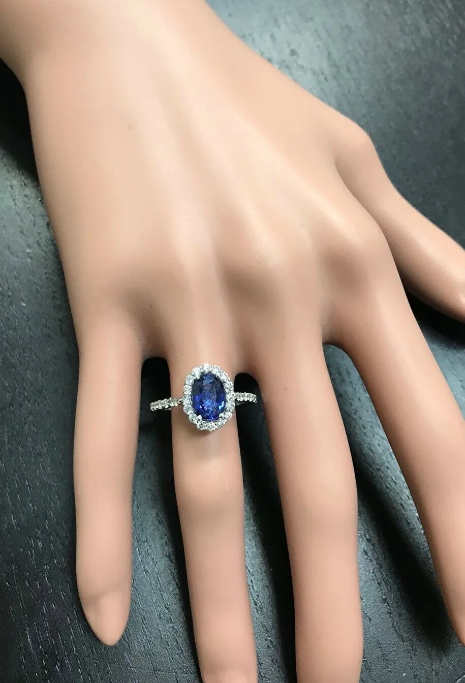 3.10 Carats Exquisite Natural Blue Sapphire and Diamond 14K Solid White Gold Ring