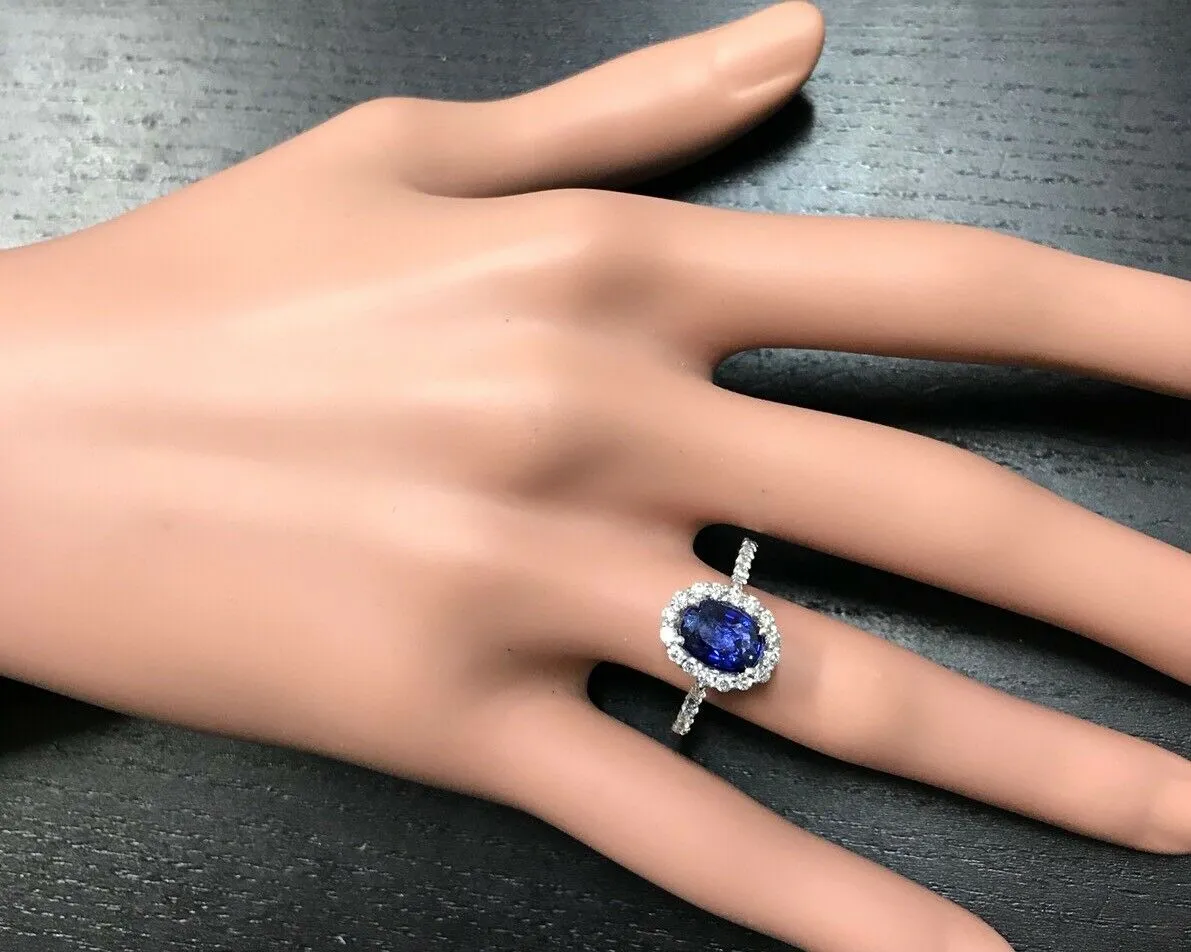 3.10 Carats Exquisite Natural Blue Sapphire and Diamond 14K Solid White Gold Ring