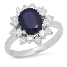 3.30 Carats Exquisite Natural Blue Sapphire and Diamond 14K Solid White Gold Ring