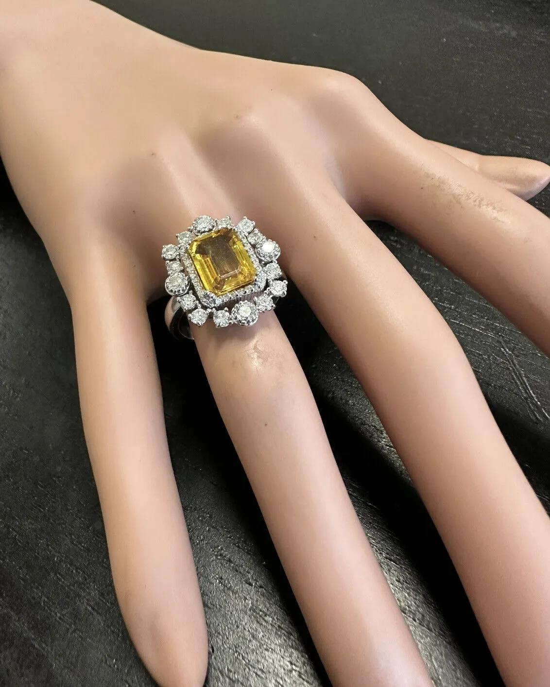 4.10 Carats Exquisite Natural Yellow Sapphire and Diamond 14K Solid White Gold Ring