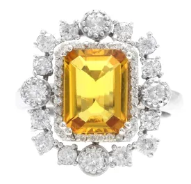 4.10 Carats Exquisite Natural Yellow Sapphire and Diamond 14K Solid White Gold Ring