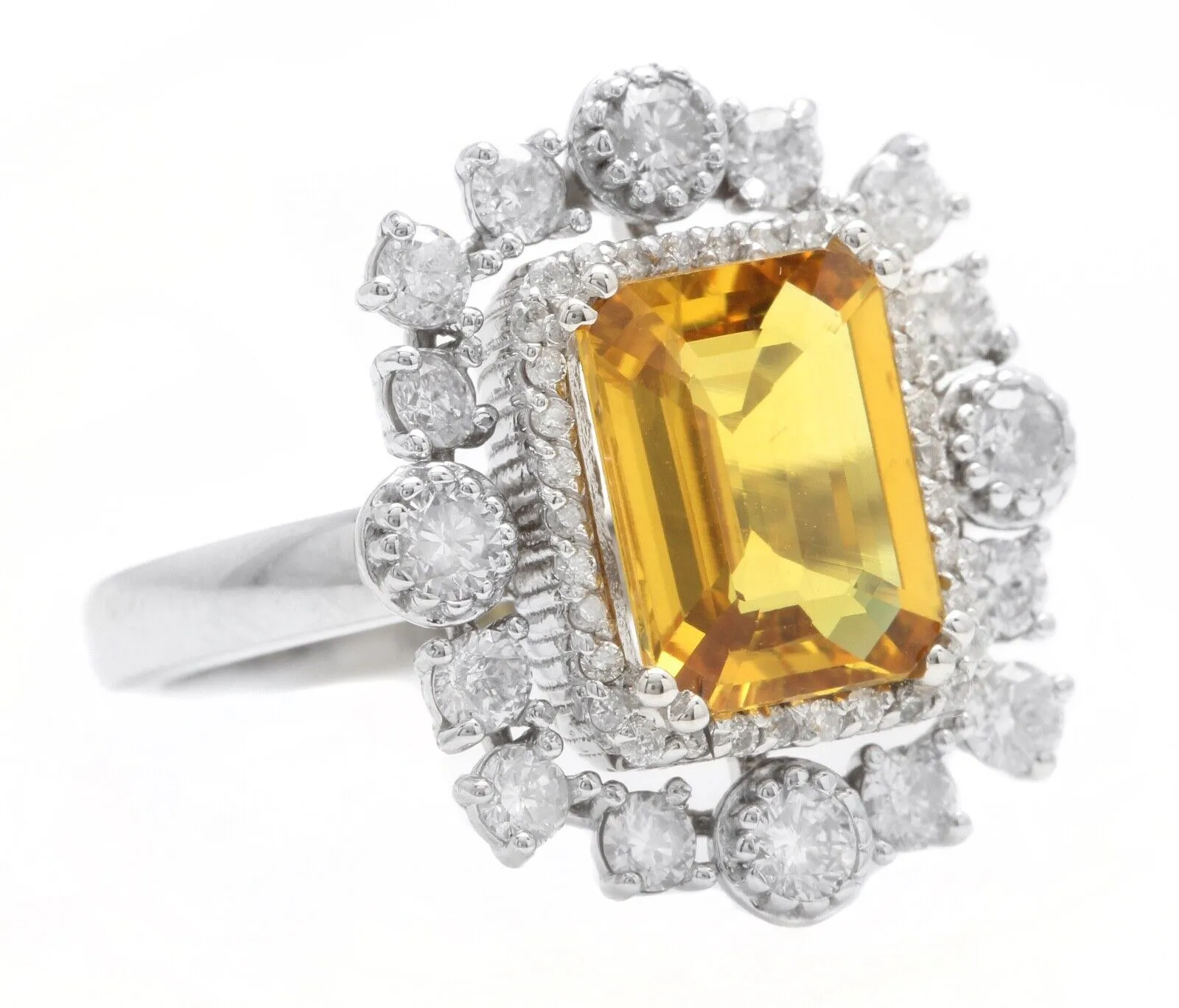 4.10 Carats Exquisite Natural Yellow Sapphire and Diamond 14K Solid White Gold Ring