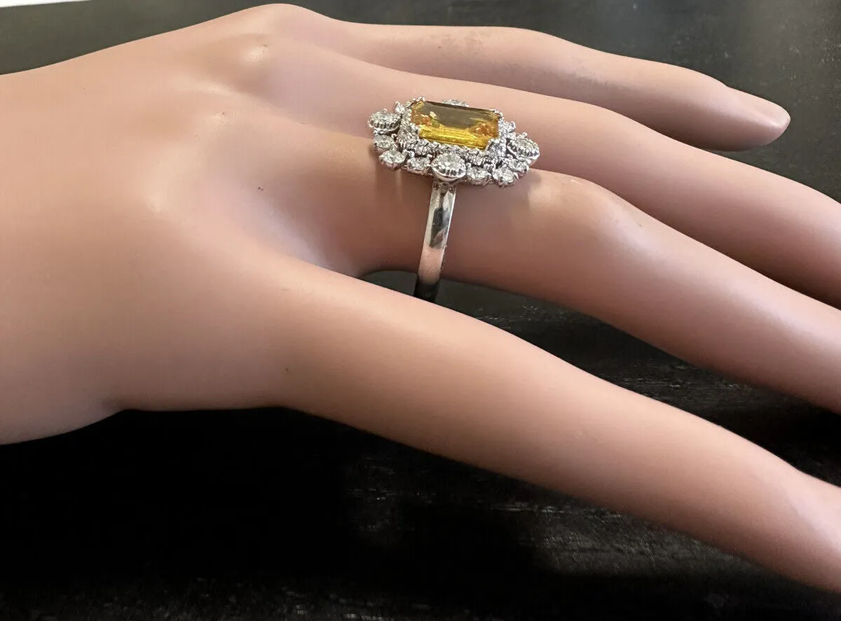 4.10 Carats Exquisite Natural Yellow Sapphire and Diamond 14K Solid White Gold Ring