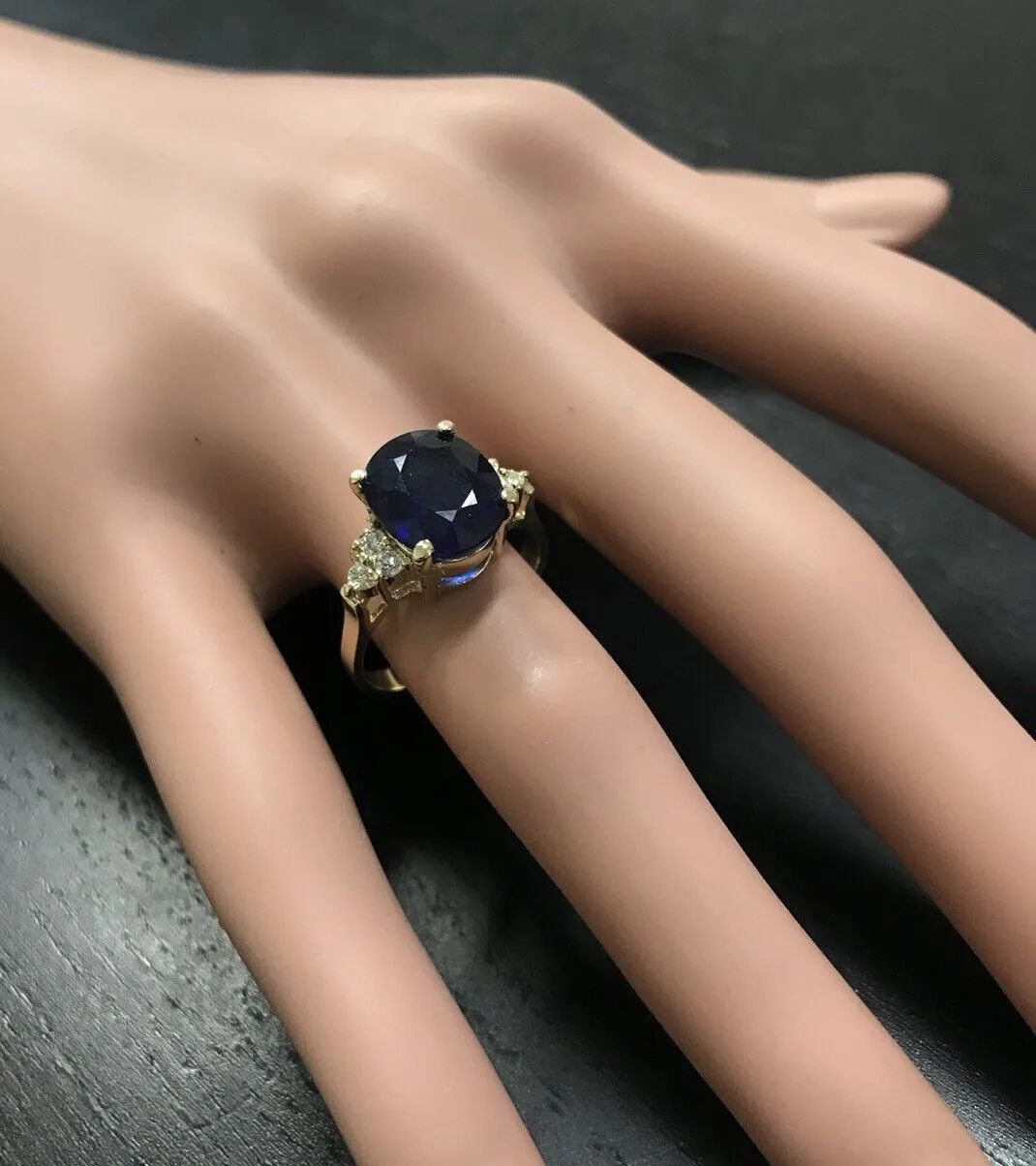 4.45 Ct Exquisite Natural Blue Sapphire and Diamond 14K Solid Yellow Gold Ring