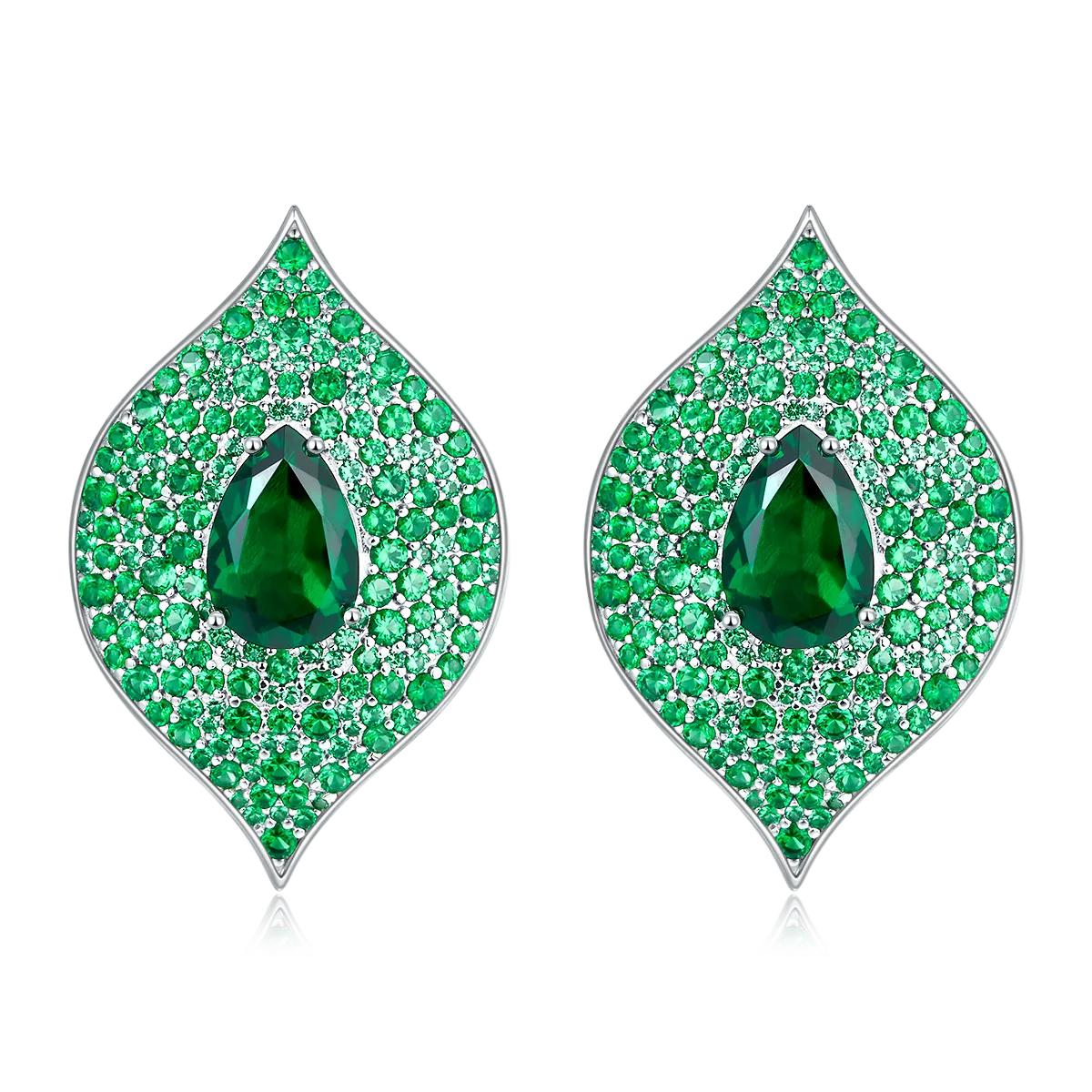 8.0 Carat Pear-Shaped Lab Created Gemstone S925 Silver-Plated Platinum Leaf Stud Earrings