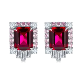 8.0 Carat Rectangular Lab Grown Ruby with Dual Tone Halo S925 Silver-Plated Platinum Stud Earrings