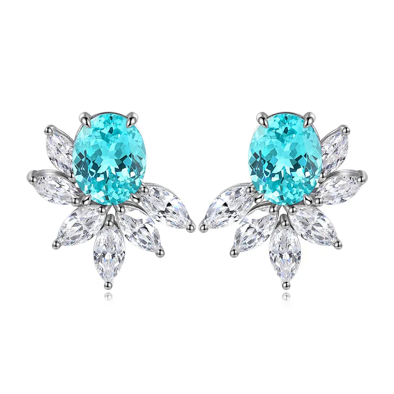 8.8 Carat Oval Lab-Created Gemstone Flower Elf Stud Earrings in S925 Silver-Plated Platinum