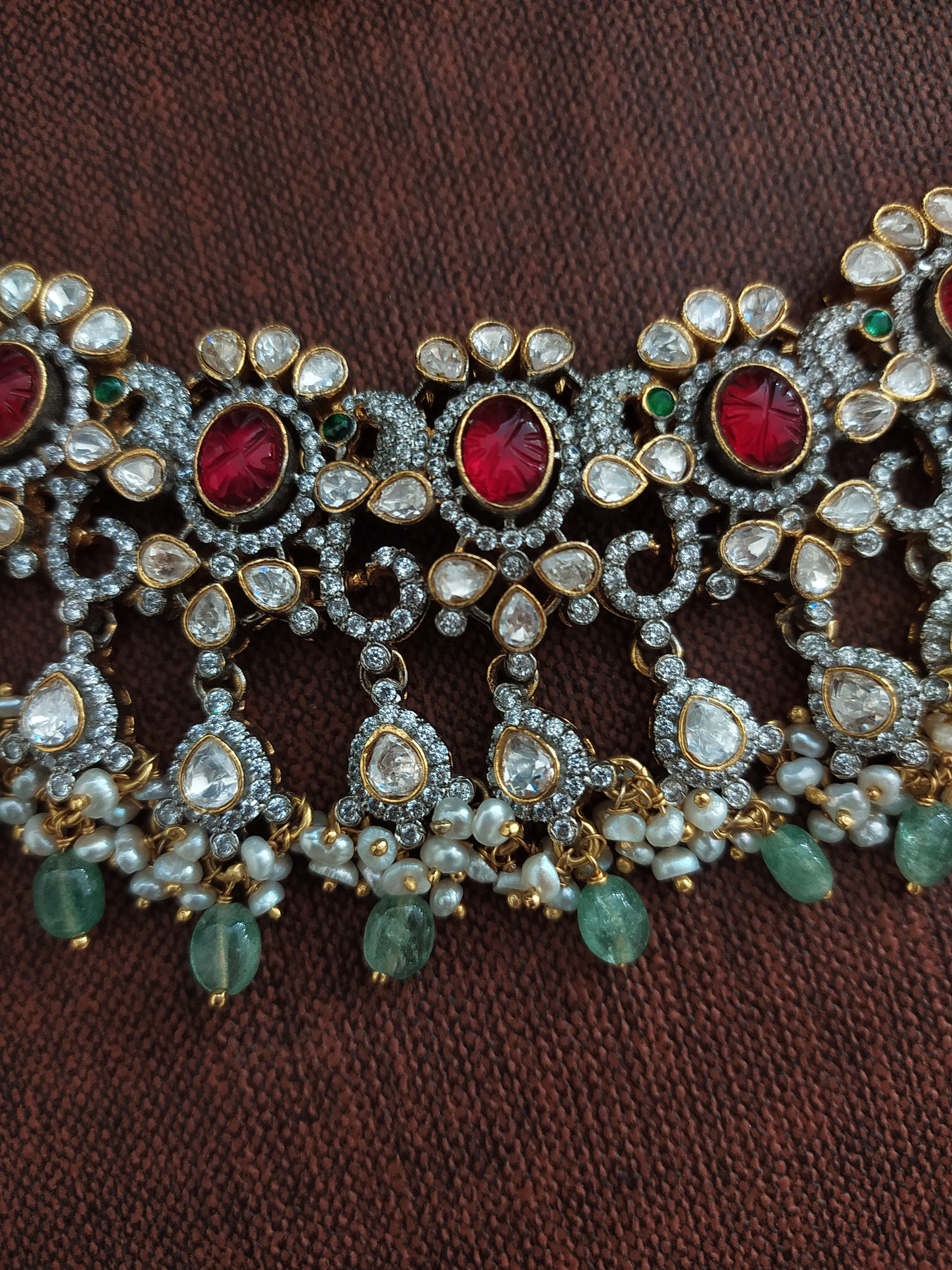 92.5 Pure Silver Victorian Necklace Set with Moissanite, Zircon, and Ruby Kundan Stones