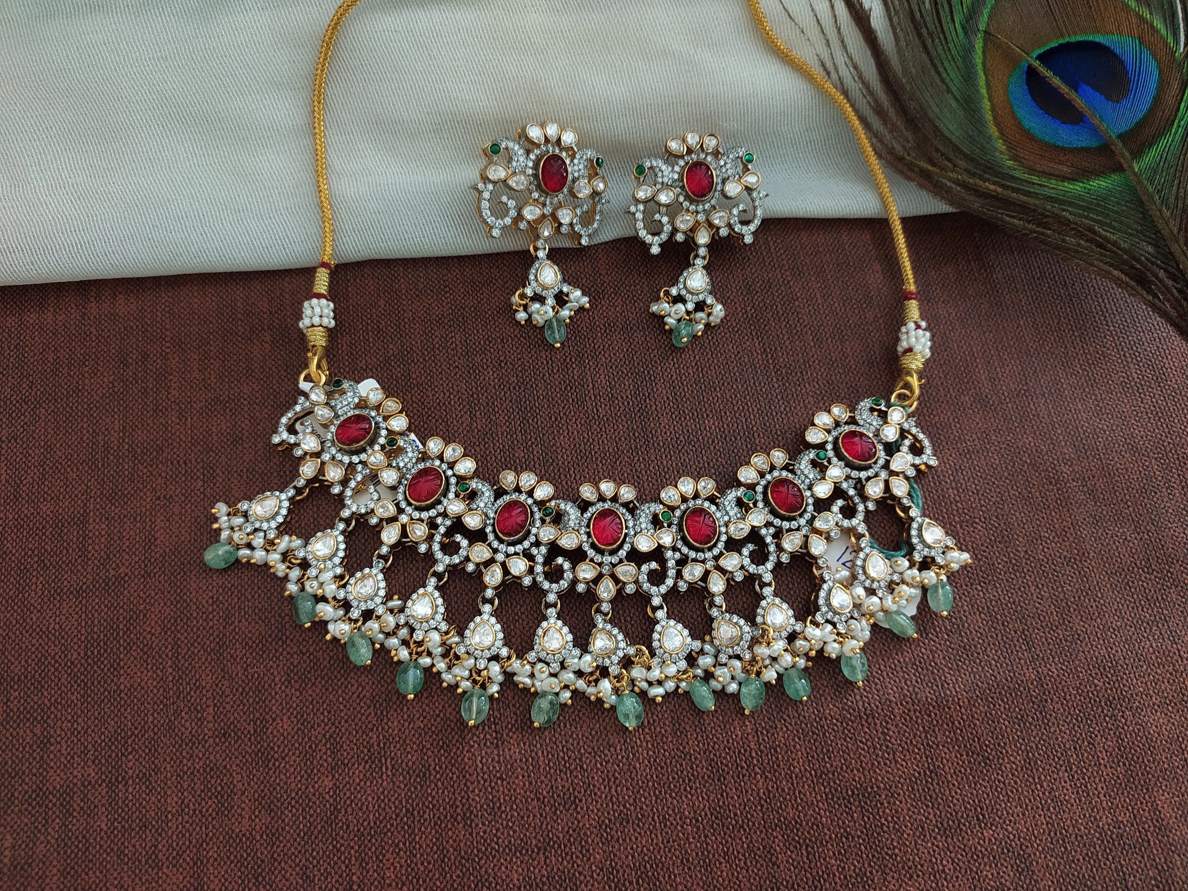 92.5 Pure Silver Victorian Necklace Set with Moissanite, Zircon, and Ruby Kundan Stones