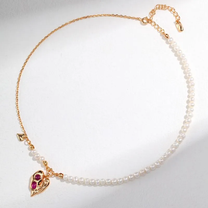 Abstract Heart Charm Half Pearls Half Chain Necklace-Gold Vermeil