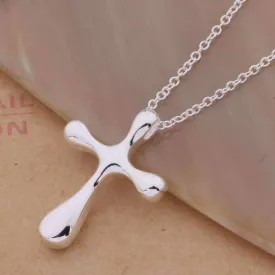 Abstract Puffy Cross Silver Pendant Necklace