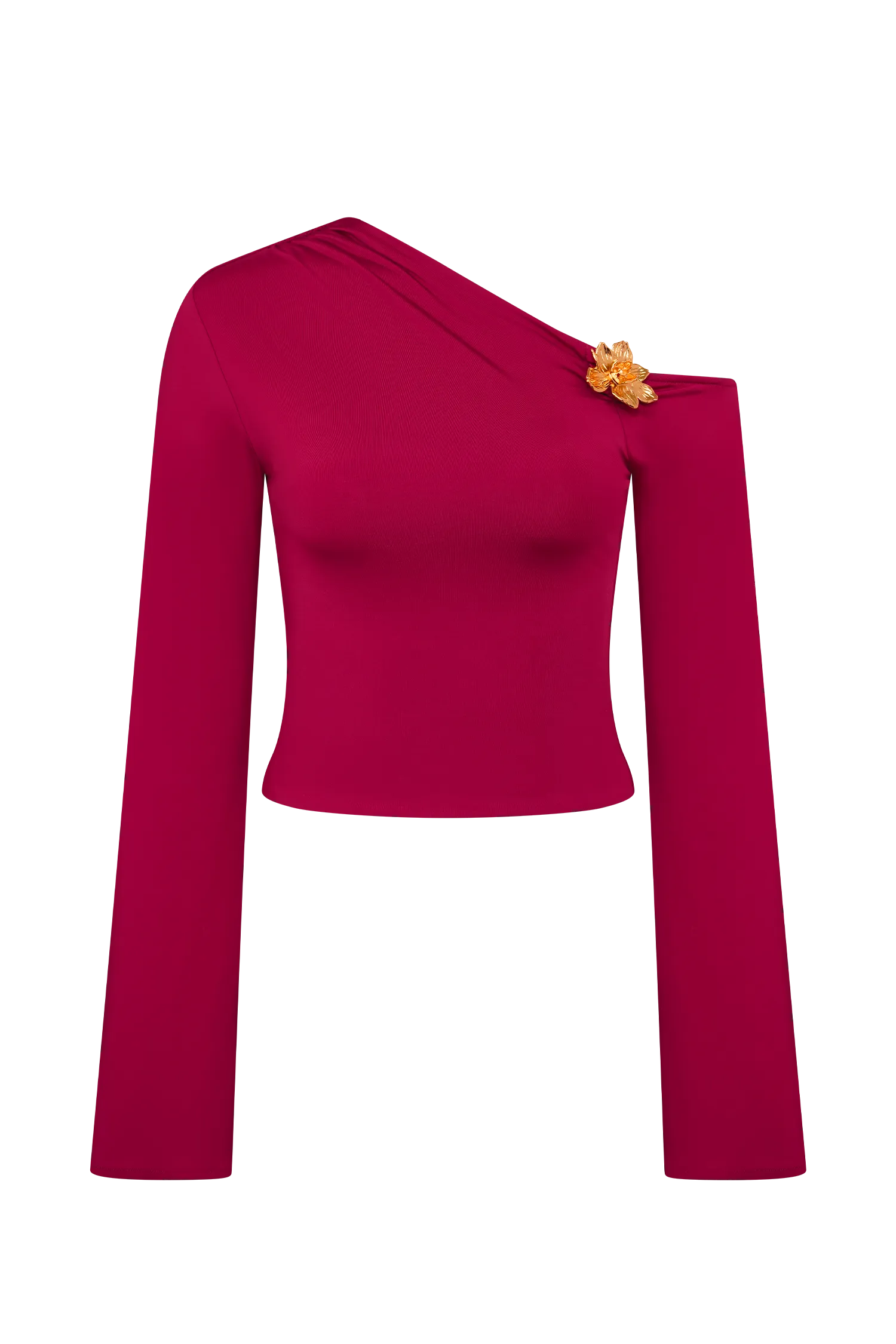 Ainsley Asymmetrical Long Sleeve Top With Floral Hardware - Fuchsia Pink