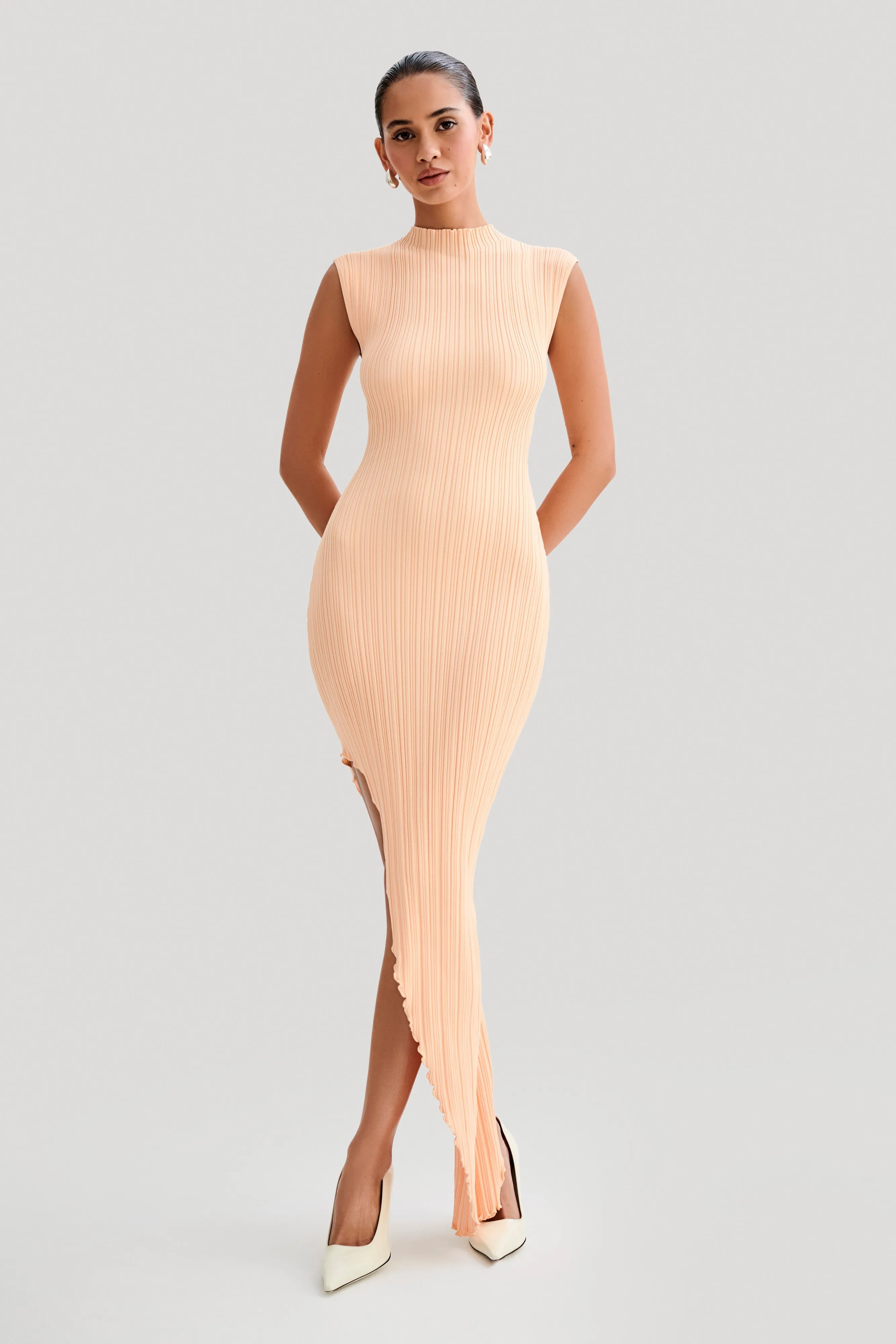 Arden Asymmetrical Rib Knit Maxi Dress - Light Peach