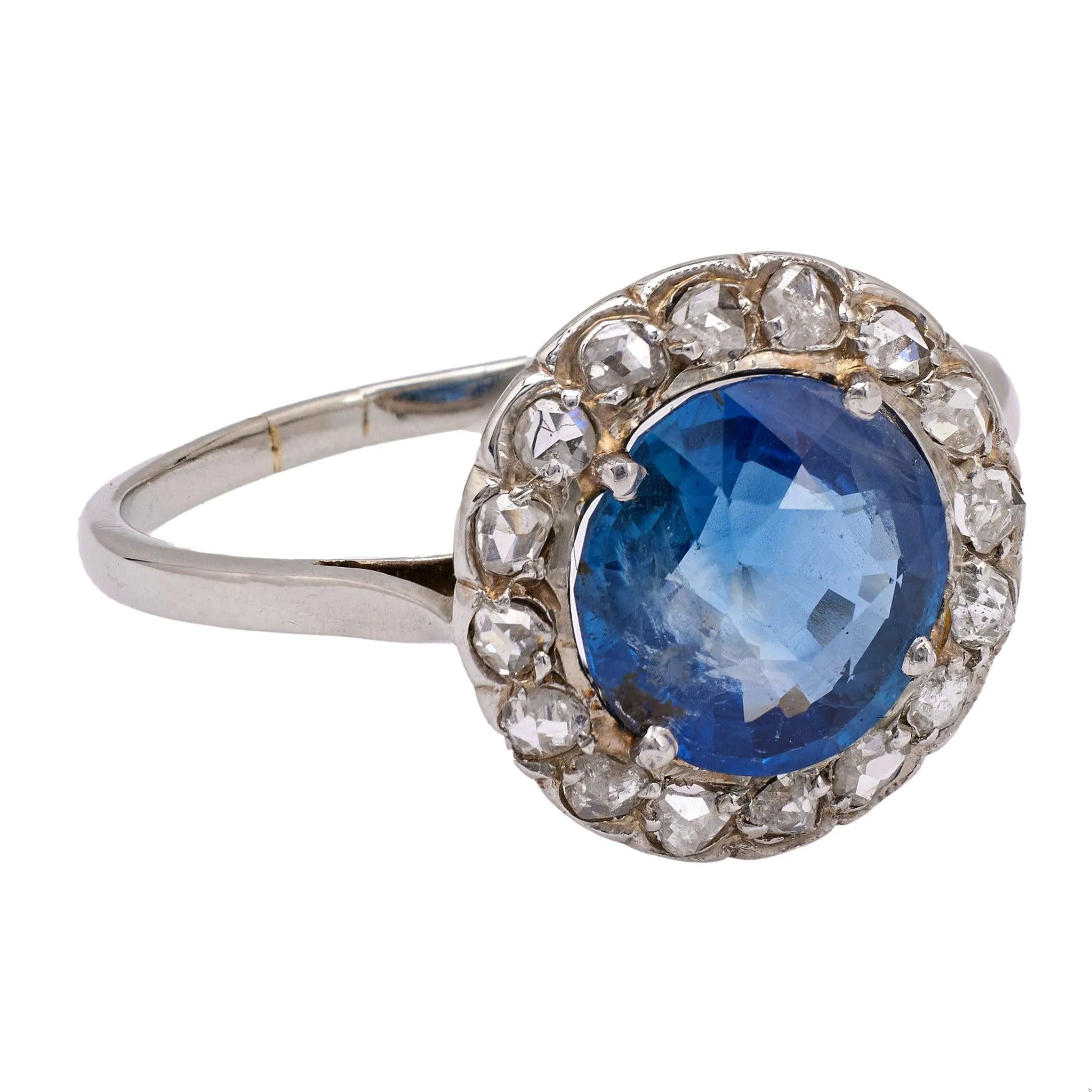 Art Deco Sapphire and Diamond 18k White Gold Cluster Ring