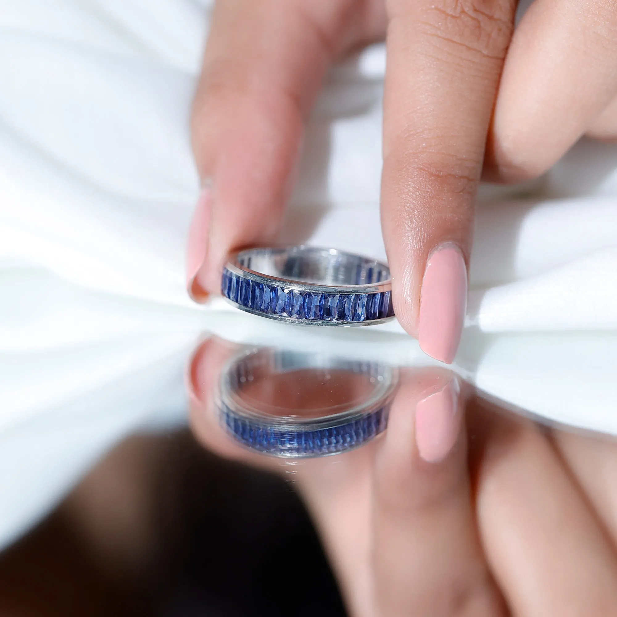 Baguette Shape Lab Created Blue Sapphire Full Eternity Band Ring