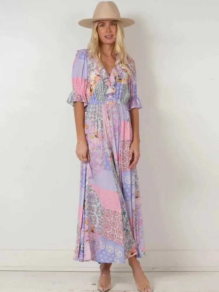 Boho Frill V-Neck 100% Viscose Dress Floral Print