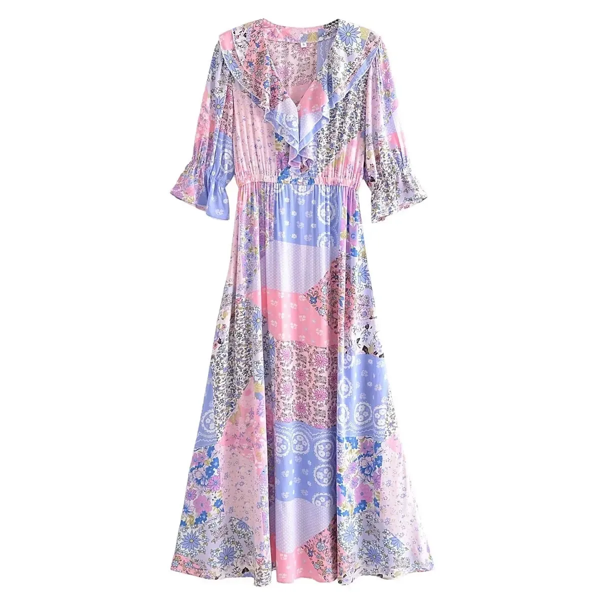 Boho Frill V-Neck 100% Viscose Dress Floral Print