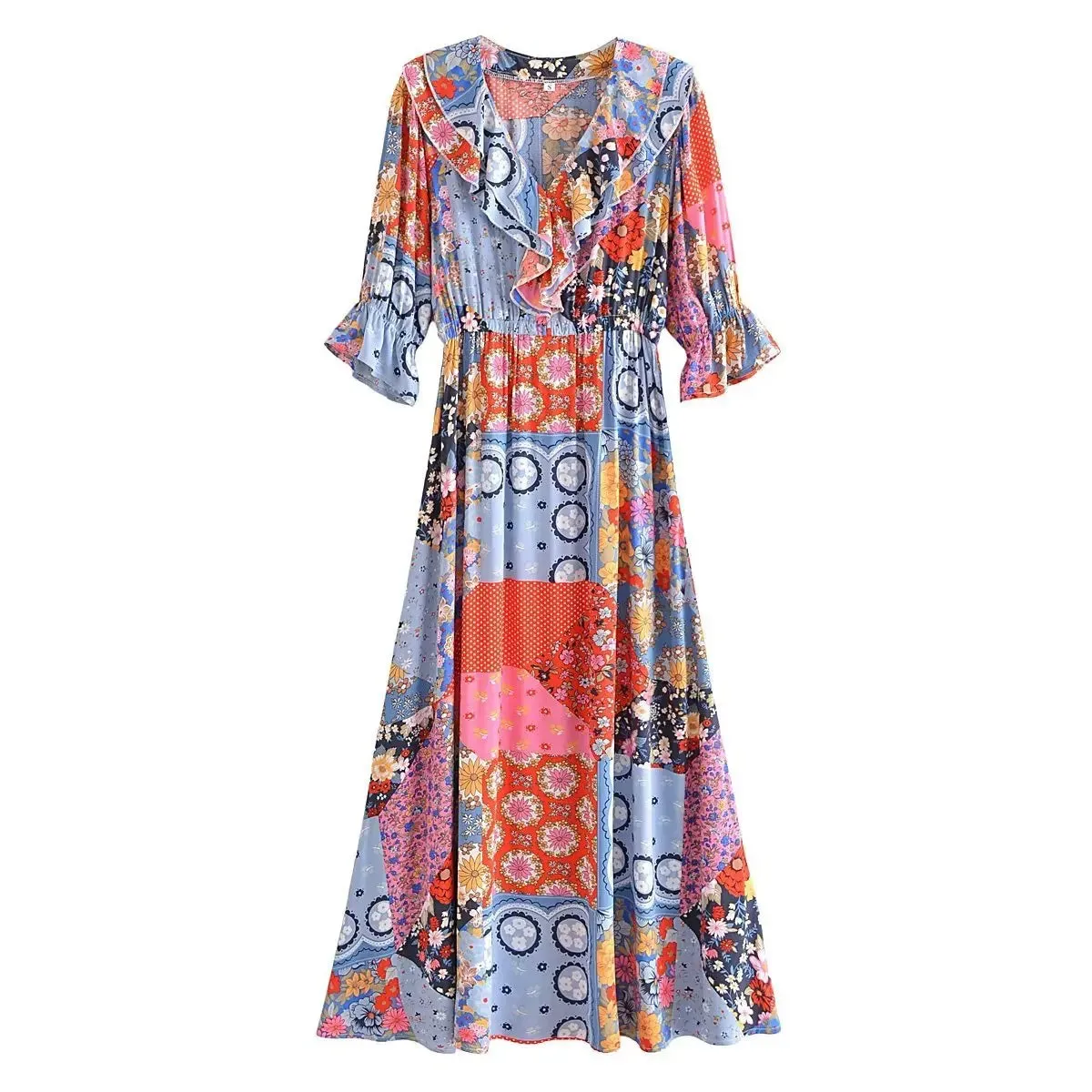 Boho Frill V-Neck 100% Viscose Dress Floral Print