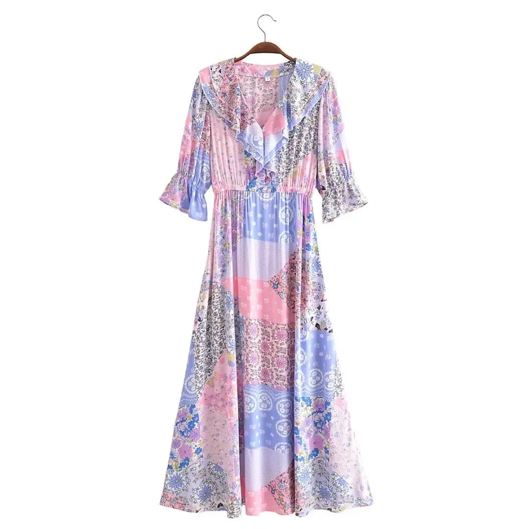 Boho Frill V-Neck 100% Viscose Dress Floral Print