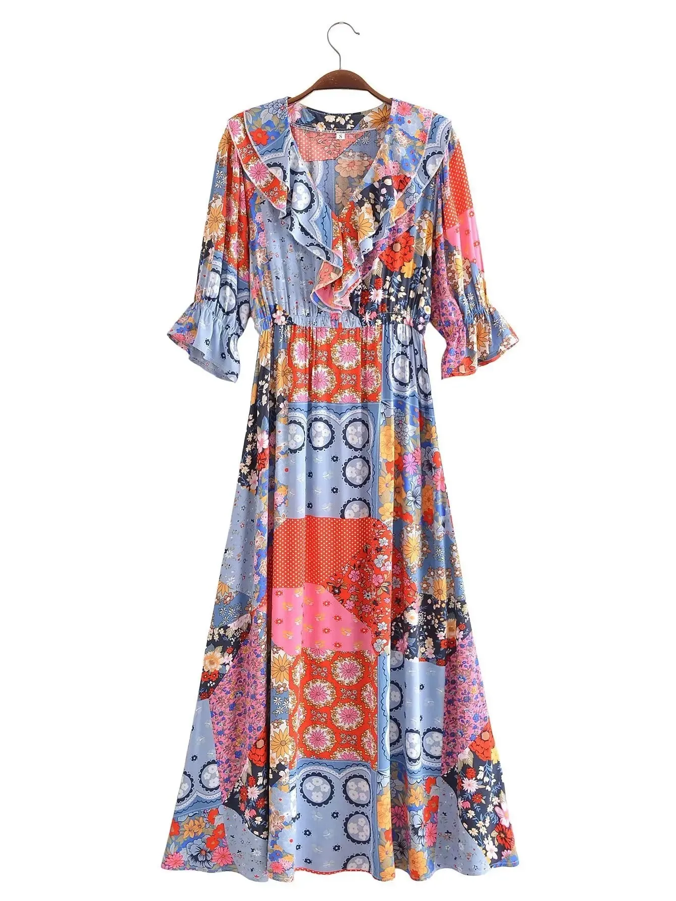 Boho Frill V-Neck 100% Viscose Dress Floral Print