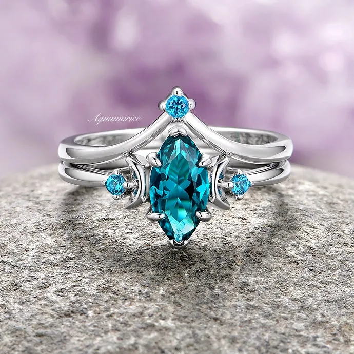 Borealis Forest & Teal Sapphire Couples Ring Set- Northern Lights & Trees