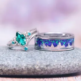 Borealis Forest & Teal Sapphire Couples Ring Set- Northern Lights & Trees