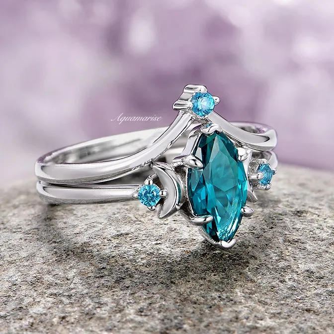 Borealis Forest & Teal Sapphire Couples Ring Set- Northern Lights & Trees