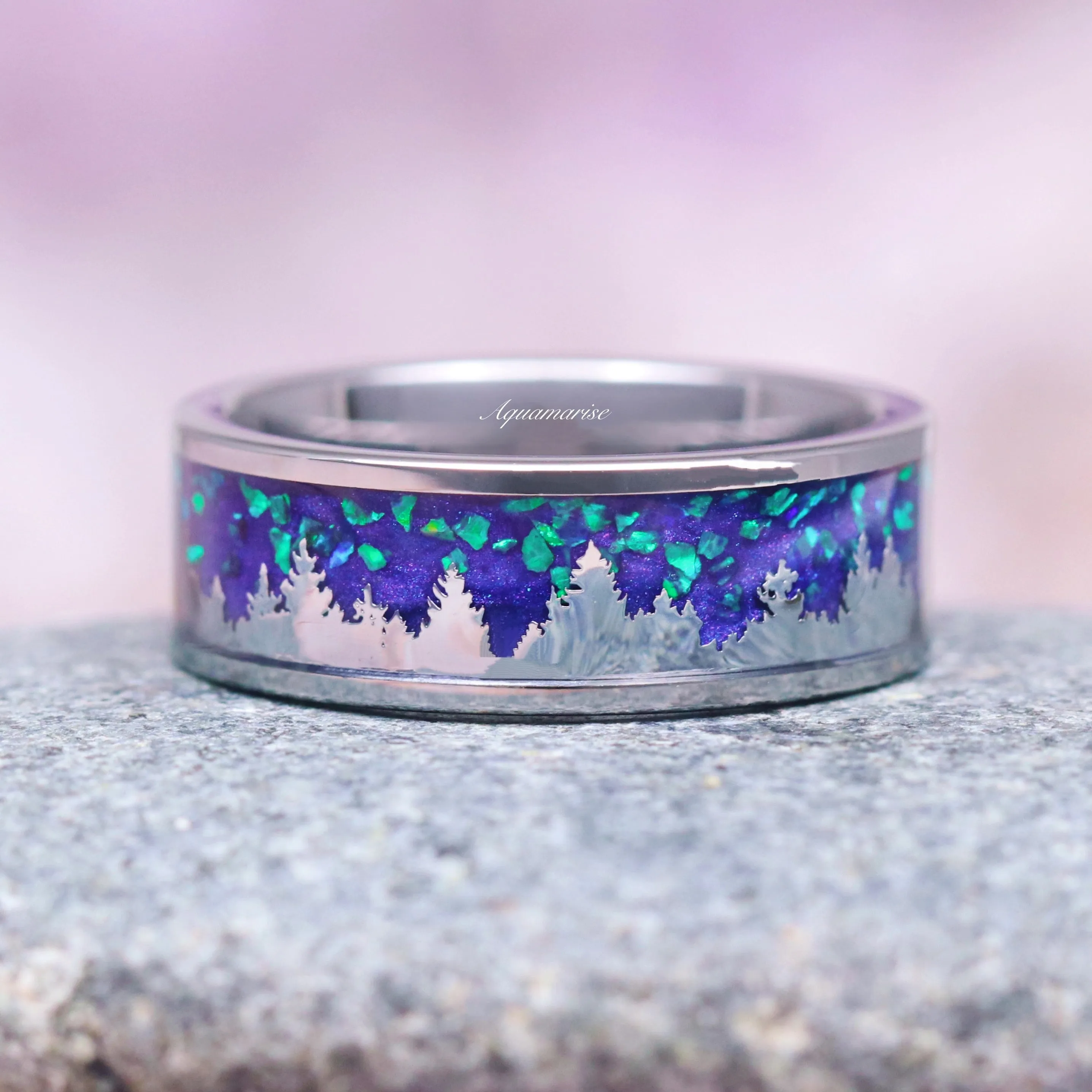 Borealis Forest & Teal Sapphire Couples Ring Set- Northern Lights & Trees