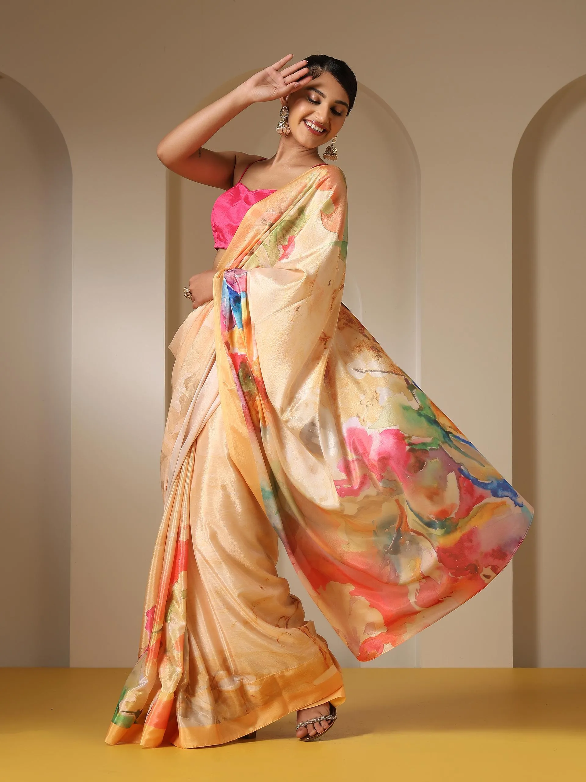 Brush Strokes Wine Printed Saree with Blouse Fabric