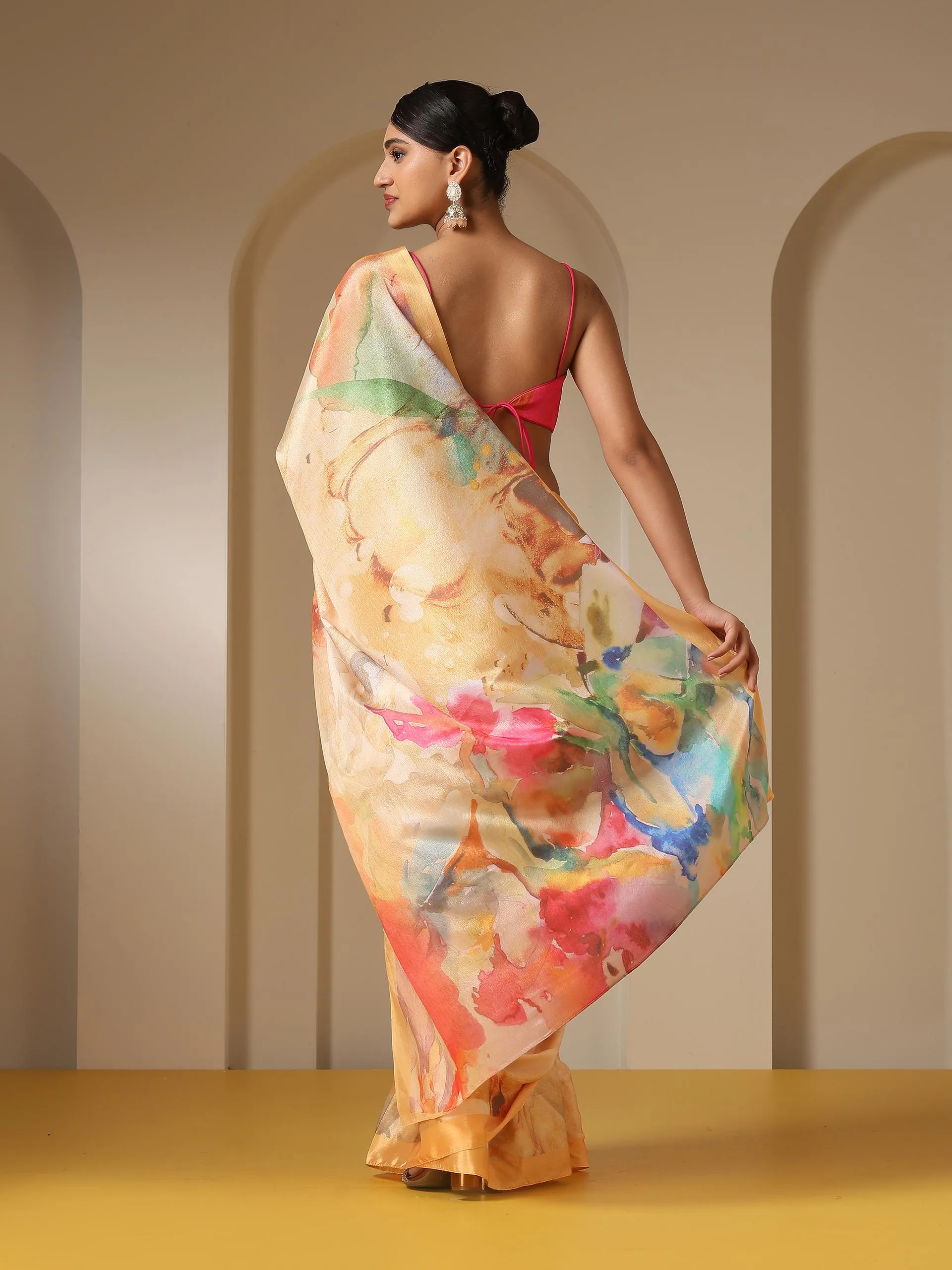 Brush Strokes Wine Printed Saree with Blouse Fabric