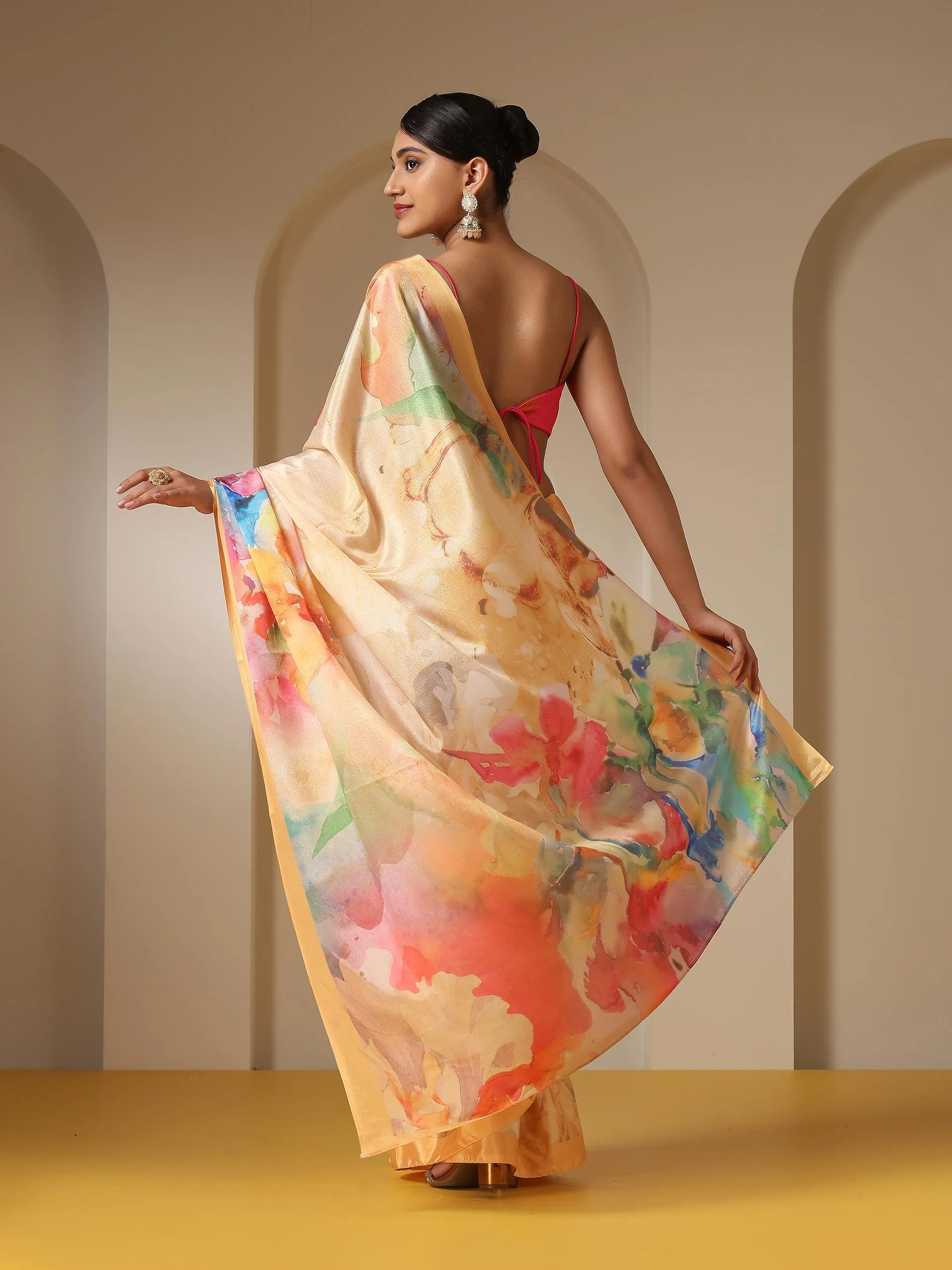 Brush Strokes Wine Printed Saree with Blouse Fabric