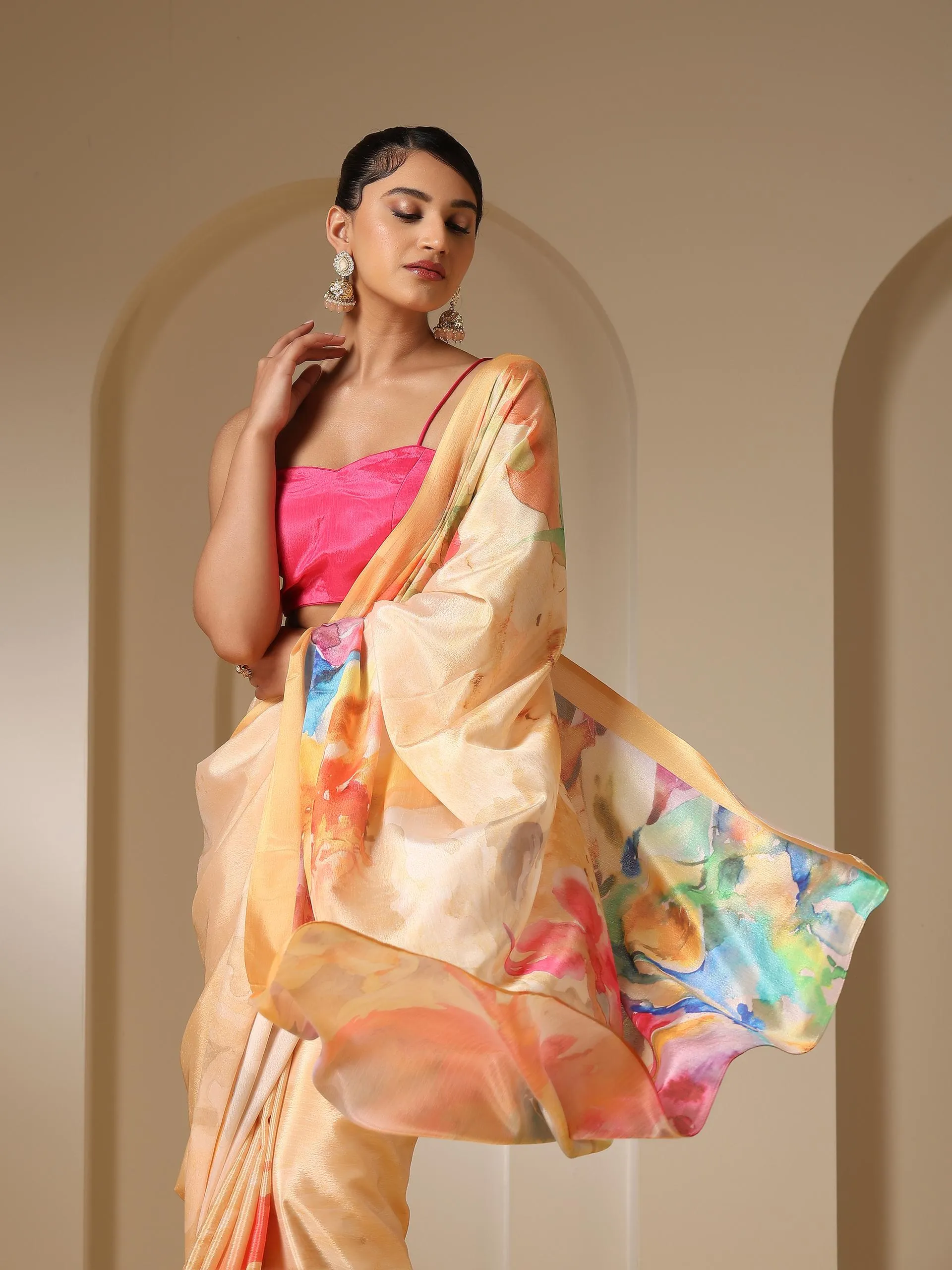 Brush Strokes Wine Printed Saree with Blouse Fabric